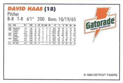 1993 Gatorade Detroit Tigers #NNO David Haas Back