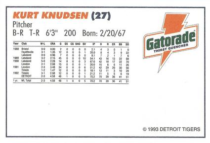 1993 Gatorade Detroit Tigers #NNO Kurt Knudsen Back