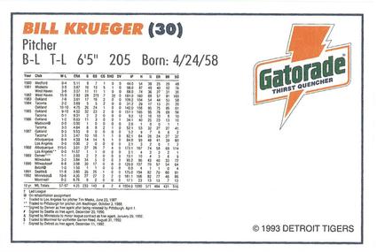 1993 Gatorade Detroit Tigers #NNO Bill Krueger Back