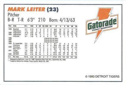 1993 Gatorade Detroit Tigers #NNO Mark Leiter Back