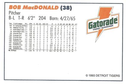 1993 Gatorade Detroit Tigers #NNO Bob MacDonald Back