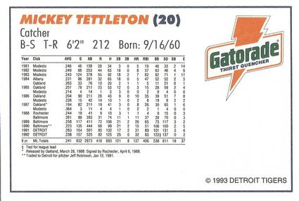 1993 Gatorade Detroit Tigers #NNO Mickey Tettleton Back
