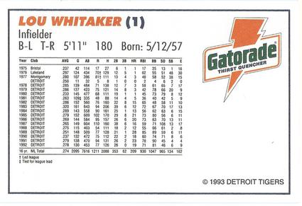 1993 Gatorade Detroit Tigers #NNO Lou Whitaker Back
