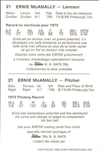 1974 Weston Foods Montreal Expos #NNO Ernie McAnally Back