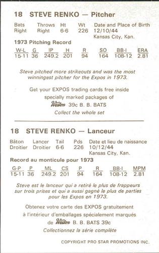 1974 Weston Foods Montreal Expos #NNO Steve Renko Back