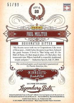 2012 Playoff Prime Cuts - Legendary Bats #20 Paul Molitor Back