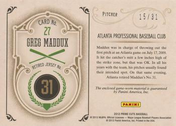 2012 Playoff Prime Cuts - Retired Jersey Numbers #27 Greg Maddux Back