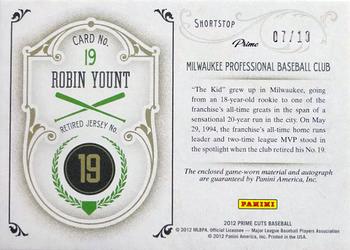 2012 Playoff Prime Cuts - Retired Jersey Numbers Prime Signatures #19 Robin Yount Back