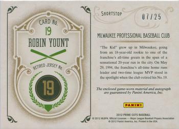 2012 Playoff Prime Cuts - Retired Jersey Numbers Signatures #19 Robin Yount Back
