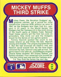 1988 Score - Magic Motion: Great Moments in Baseball #44 Mickey Owen: 10/05/1941 Back