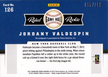 2012 Panini Signature Series - Rookies Game Ball Signatures #126 Jordany Valdespin Back