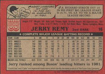 1982 Topps Brigham's/Coca-Cola Boston Red Sox #16 Jerry Remy Back