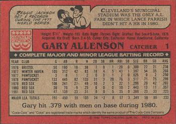 1982 Topps Brigham's/Coca-Cola Boston Red Sox #1 Gary Allenson Back