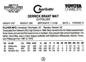 1989 Charlotte Knights #5 Derrick May Back