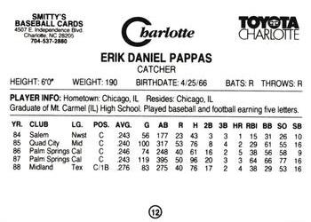 1989 Charlotte Knights #12 Erik Pappas Back