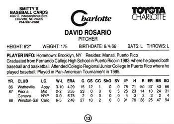 1989 Charlotte Knights #13 David Rosario Back