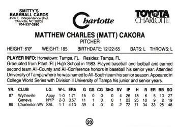 1989 Charlotte Knights #20 Matt Cakora Back