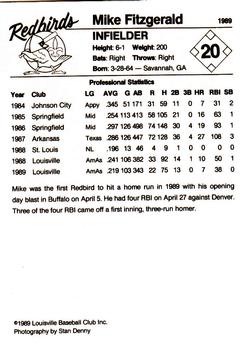 1989 Louisville Redbirds #20 Mike Fitzgerald Back