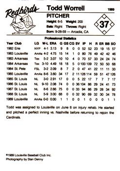 1989 Louisville Redbirds #37 Todd Worrell Back