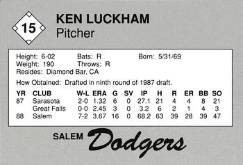 1989 Salem Dodgers #15 Ken Luckham Back
