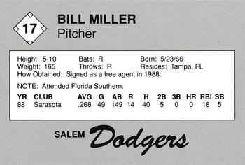 1989 Salem Dodgers #17 Bill Miller Back