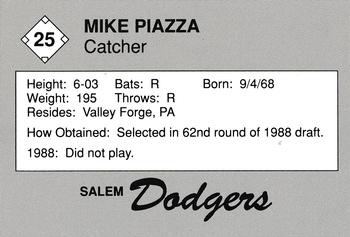 1989 Salem Dodgers #25 Mike Piazza Back