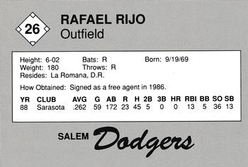 1989 Salem Dodgers #26 Rafael Rijo Back