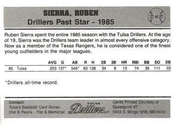 1989 Tulsa Drillers #27 Ruben Sierra Back