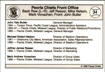 1989 Peoria Chiefs - Gold 200 #34 Front Office Staff Back
