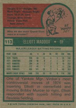 1975 Topps #113 Elliott Maddox Back
