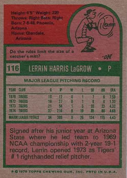 1975 Topps #116 Lerrin LaGrow Back