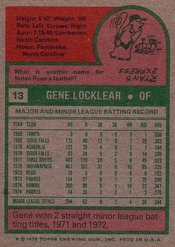 1975 Topps #13 Gene Locklear Back