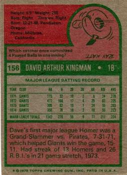 1975 Topps #156 Dave Kingman Back