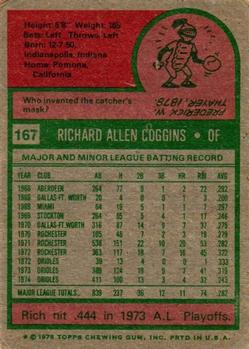 1975 Topps #167 Rich Coggins Back