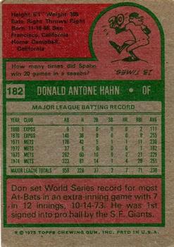 1975 Topps #182 Don Hahn Back