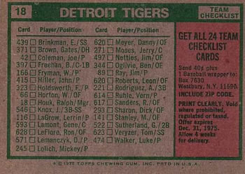 1975 Topps #18 Detroit Tigers / Ralph Houk Back