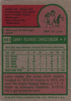 1975 Topps #551 Larry Christenson Back