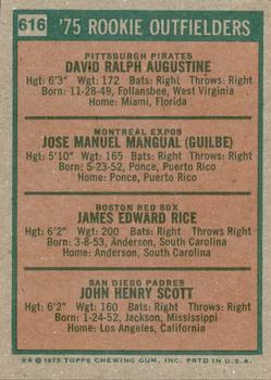 1975 Topps #616 1975 Rookie Outfielders (Dave Augustine / Pepe Mangual / Jim Rice / John Scott) Back