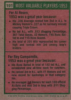1975 Topps #191 1953 MVPs (Al Rosen / Roy Campanella) Back