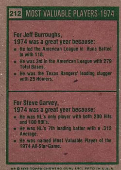1975 Topps #212 1974 MVPs (Jeff Burroughs / Steve Garvey) Back
