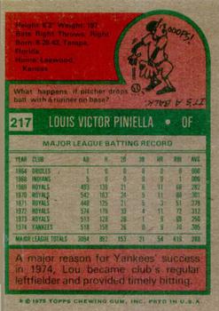 1975 Topps #217 Lou Piniella Back