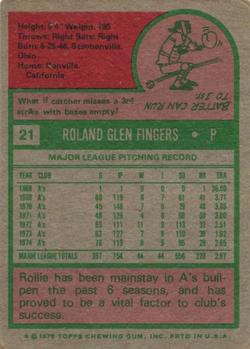 1975 Topps #21 Rollie Fingers Back