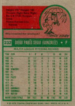 1975 Topps #232 Diego Segui Back