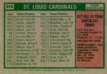 1975 Topps #246 St. Louis Cardinals / Red Schoendienst Back