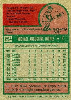 1975 Topps #254 Mike Torrez Back