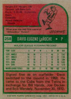 1975 Topps #258 Dave LaRoche Back