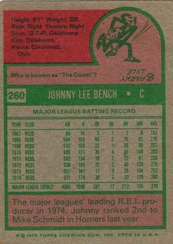 1975 Topps #260 Johnny Bench Back
