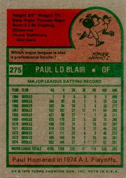 1975 Topps #275 Paul Blair Back