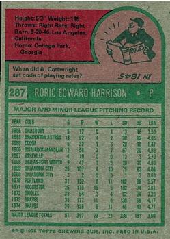 1975 Topps #287 Roric Harrison Back
