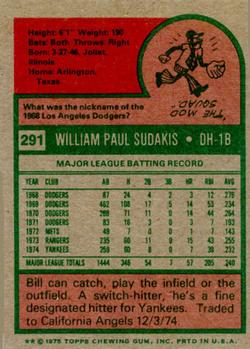 1975 Topps #291 Bill Sudakis Back